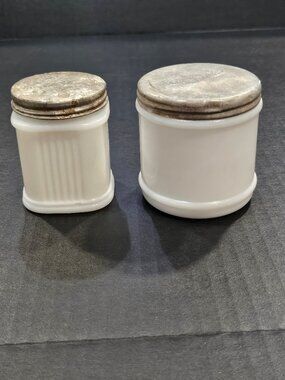 1940s White Milk Glass Jar And Art Deco Square Mc Connon Tin And Milk Glass Jar